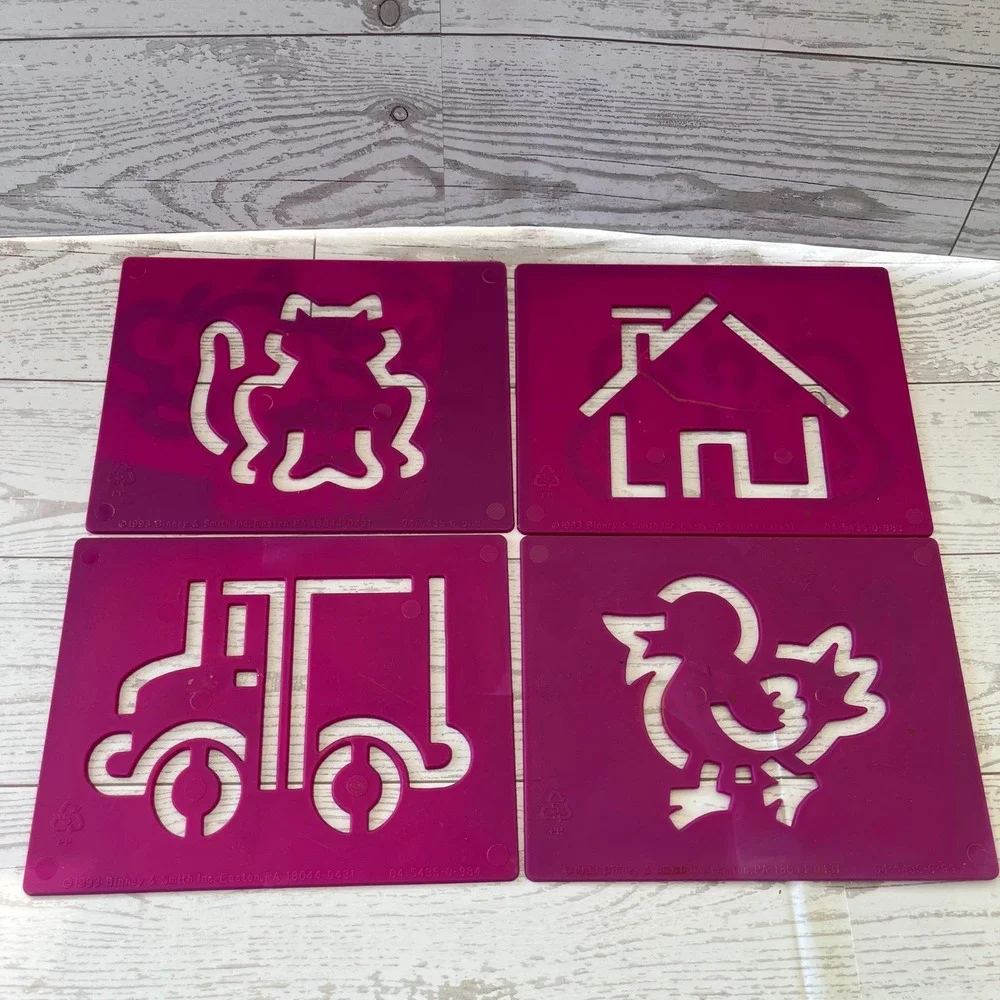 Vintage 1993 Binney & Smith Pink Plastic Stencils Set of 9‎ Animals Vehicles 90s